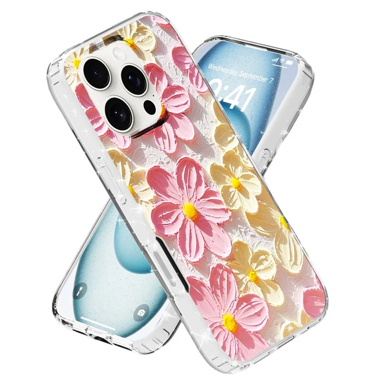 Capa de telefone para iPhone 16 Pro, padrão IMD, impressão em PC TPU, capa móvel - Flor branca rosa