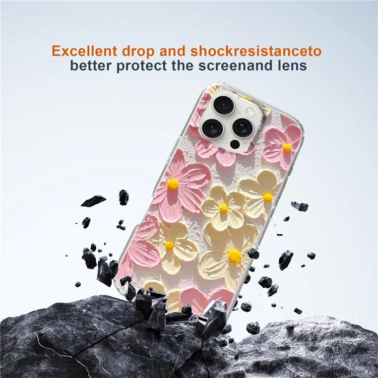 Capa de telefone para iPhone 16 Pro, padrão IMD, impressão em PC TPU, capa móvel - Flor branca rosa