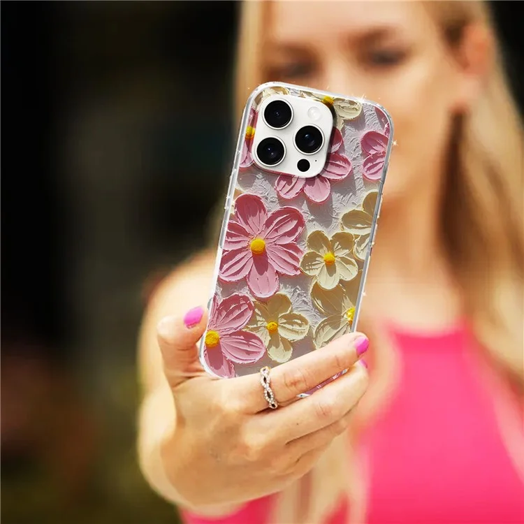 Capa de telefone para iPhone 16 Pro, padrão IMD, impressão em PC TPU, capa móvel - Flor branca rosa