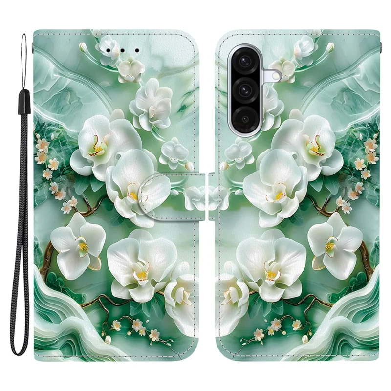 For Samsung Galaxy A17 5G / A17 4G / A26 5G Case Pattern Printing Anti-Drop Leather Flip Wallet Phone Cover with Lanyard - Jade Flower