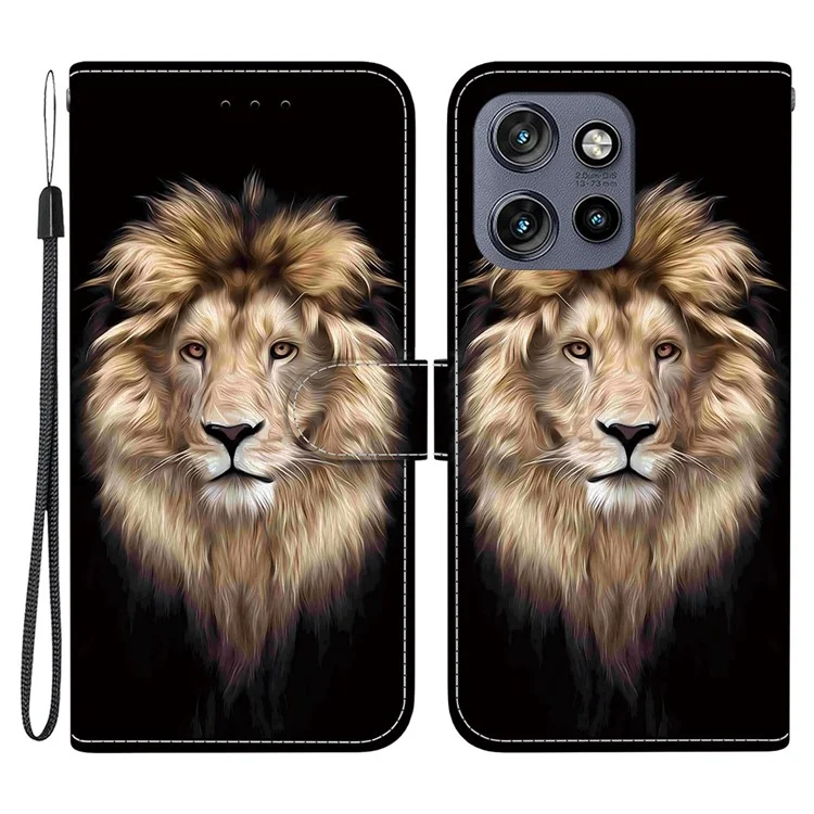 Funda de cuero para Motorola Edge 50 Neo 5G / Moto S50 5G / Thinkphone 25 5G con impresión de patrones, tapa abatible, funda para teléfono con cordón - Cabeza de león