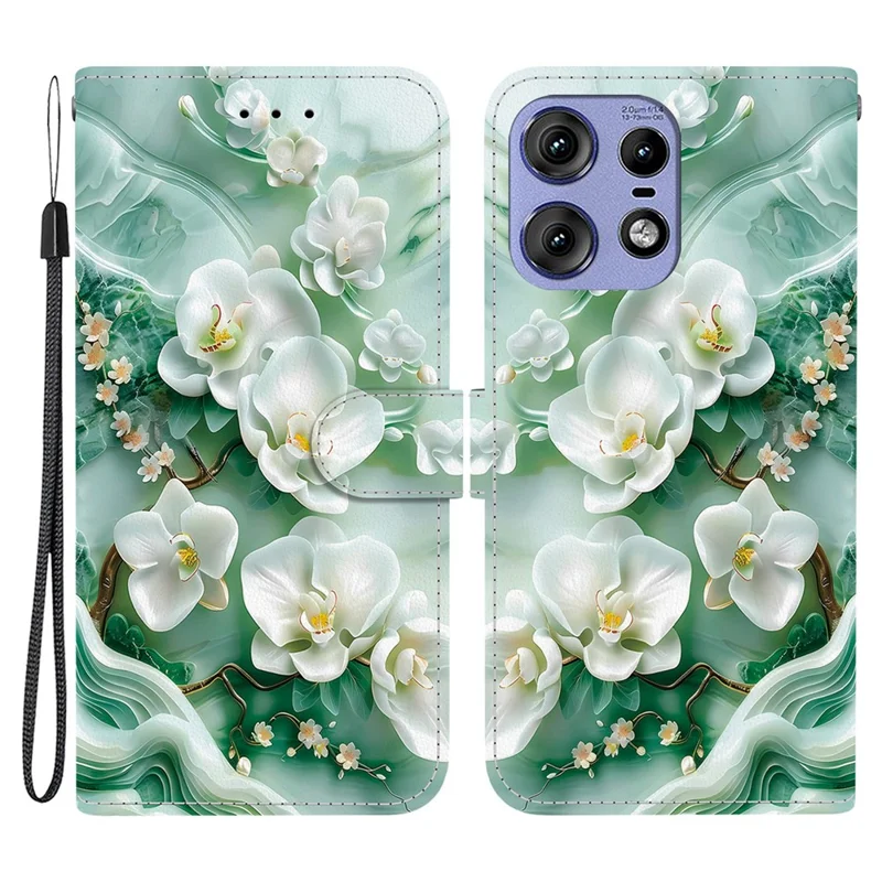 Capa para Motorola Edge 50 Pro 5G com impressão de padrão, anti-queda, carteira de couro com tampa e cordão - Flor de jade