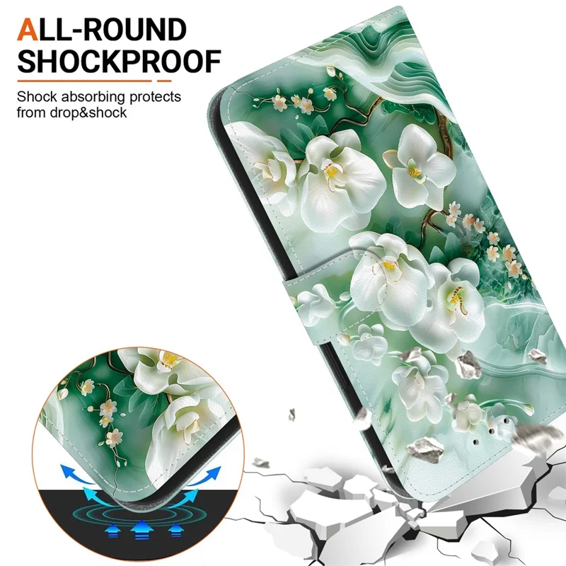 Capa para Motorola Edge 50 Pro 5G com impressão de padrão, anti-queda, carteira de couro com tampa e cordão - Flor de jade