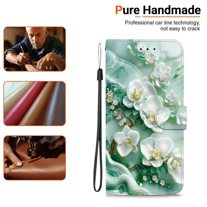Capa para Motorola Edge 50 Pro 5G com impressão de padrão, anti-queda, carteira de couro com tampa e cordão - Flor de jade