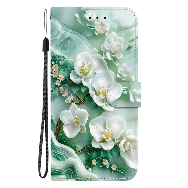Capa para Motorola Edge 50 Pro 5G com impressão de padrão, anti-queda, carteira de couro com tampa e cordão - Flor de jade