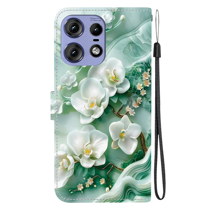 Capa para Motorola Edge 50 Pro 5G com impressão de padrão, anti-queda, carteira de couro com tampa e cordão - Flor de jade