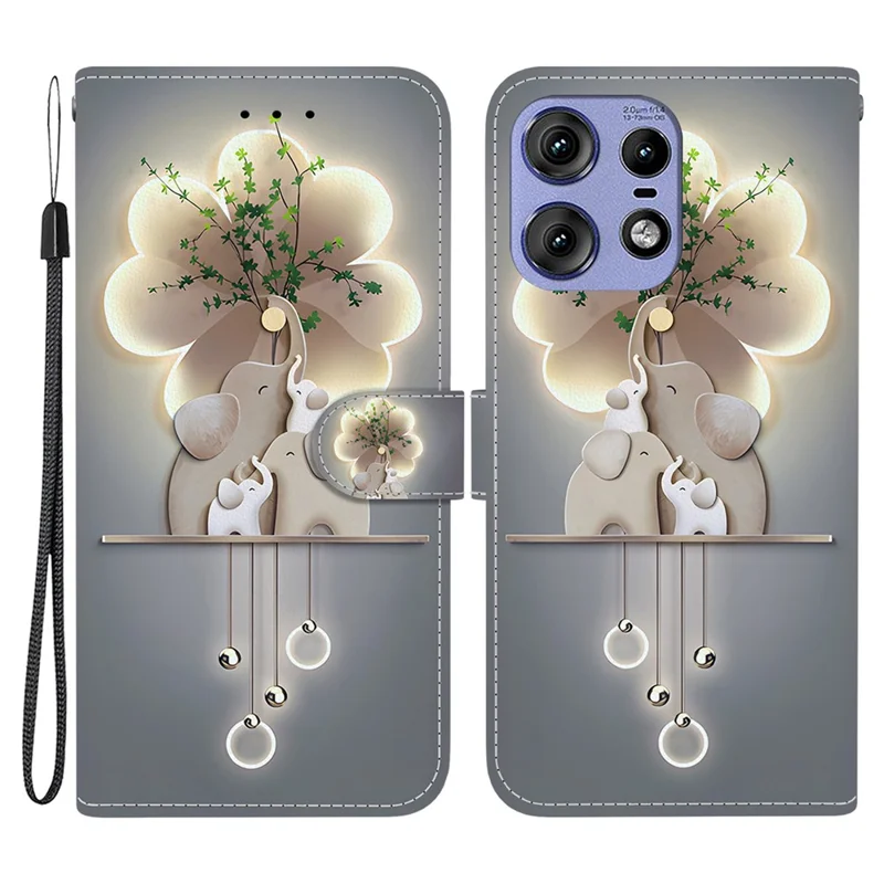 For Motorola Edge 50 Pro 5G Case Pattern Printing Anti-Drop Leather Flip Wallet Phone Cover with Lanyard - Three Elephants