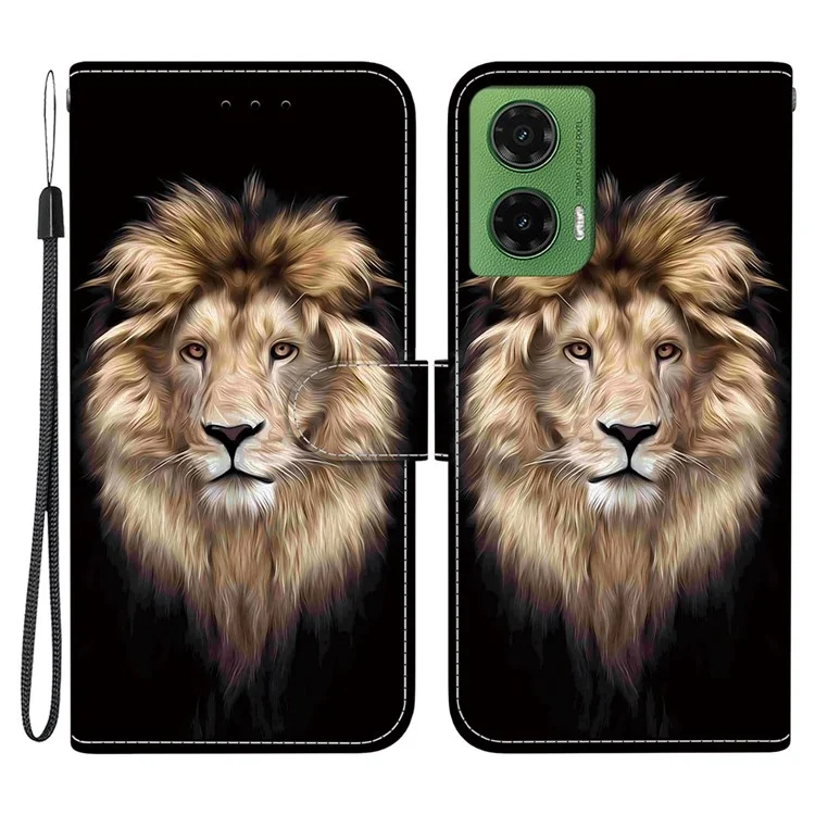 Funda para Motorola Moto G35 5G con estampado, anti-caídas, de cuero y con tapa tipo cartera y cordón - Cabeza de león