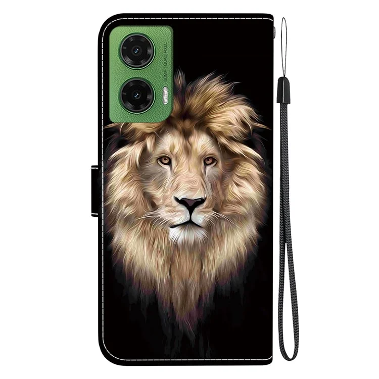 Funda para Motorola Moto G35 5G con estampado, anti-caídas, de cuero y con tapa tipo cartera y cordón - Cabeza de león