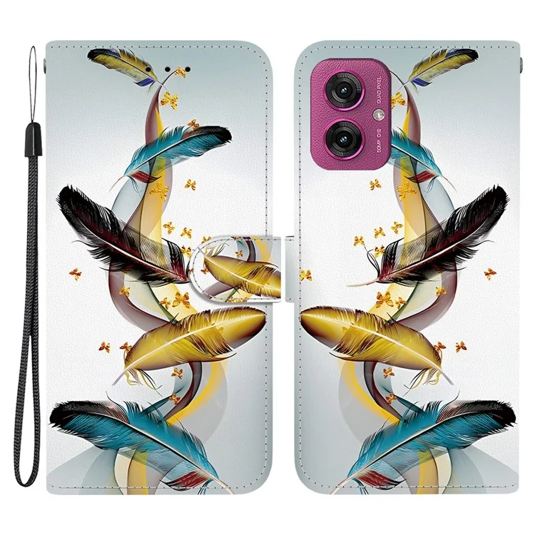 Für Motorola Moto G55 5G Hülle Muster Druck Stoßfest Leder Flip Wallet Handyhülle mit Schlüsselband - Goldener Schmetterling Feder