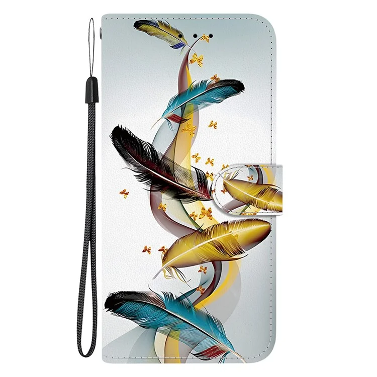 Für Motorola Moto G55 5G Hülle Muster Druck Stoßfest Leder Flip Wallet Handyhülle mit Schlüsselband - Goldener Schmetterling Feder