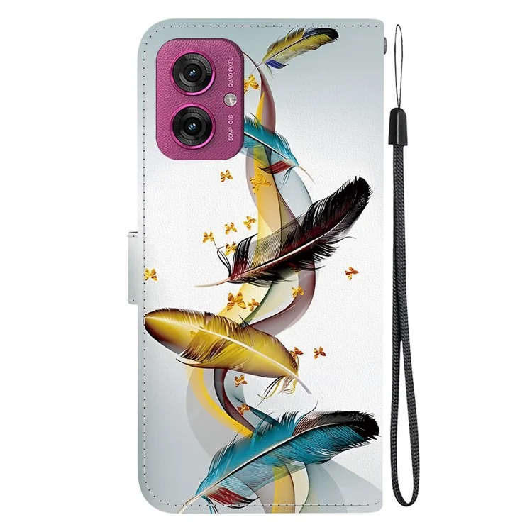 Für Motorola Moto G55 5G Hülle Muster Druck Stoßfest Leder Flip Wallet Handyhülle mit Schlüsselband - Goldener Schmetterling Feder