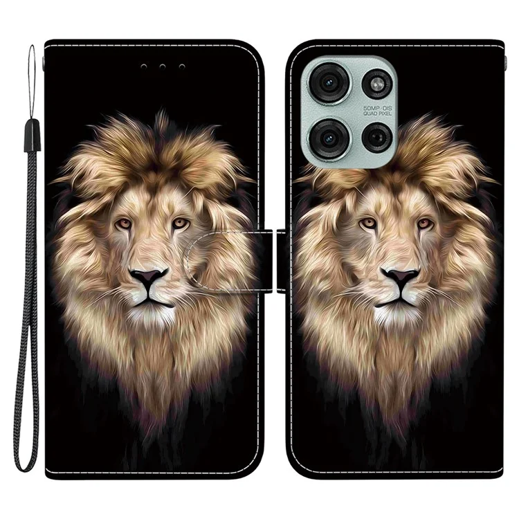Étui pour Motorola Moto G75 5G, impression de motif, anti-chute, étui portefeuille en cuir avec cordon - Tête de lion