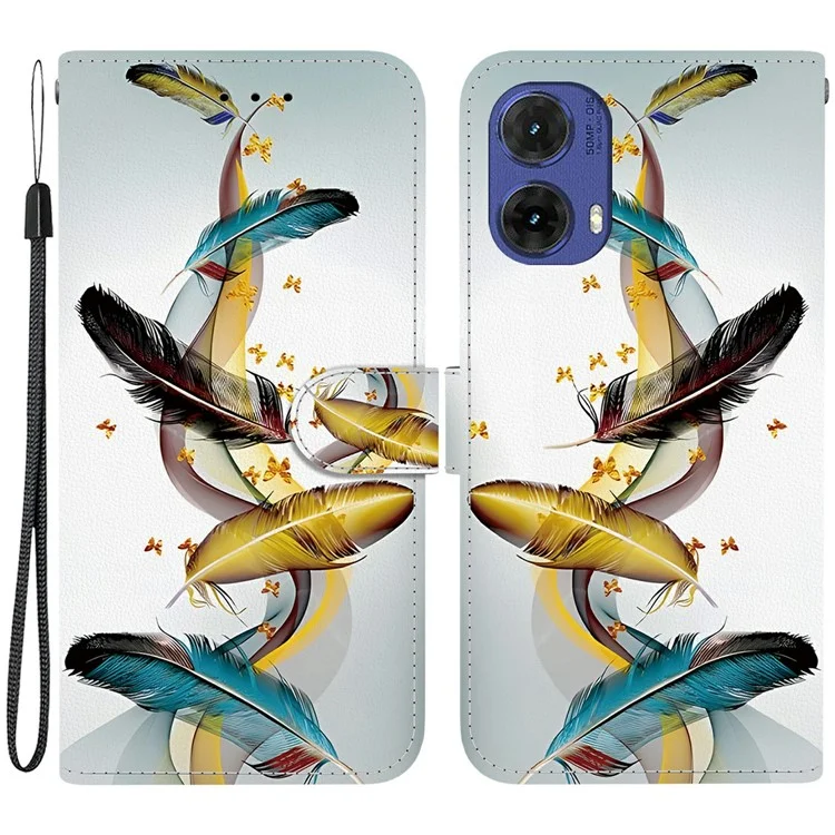 Für Motorola Moto G85 5G Hülle Muster Drucken Anti-Drop Leder Flip Brieftasche Handyhülle mit Schlüsselband - Goldener Schmetterling Feder