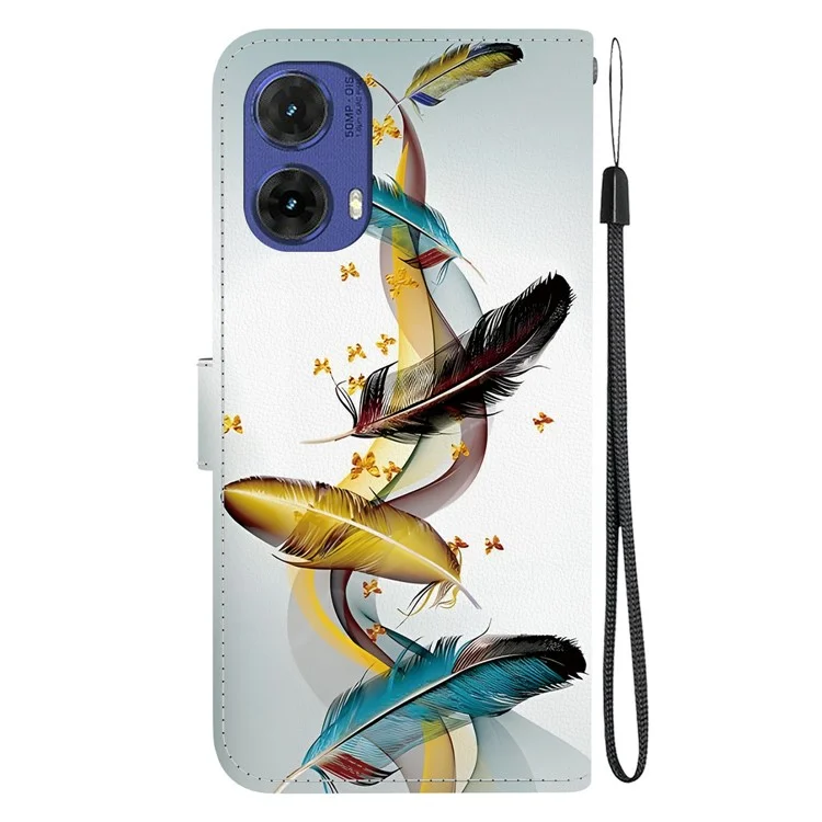 Für Motorola Moto G85 5G Hülle Muster Drucken Anti-Drop Leder Flip Brieftasche Handyhülle mit Schlüsselband - Goldener Schmetterling Feder
