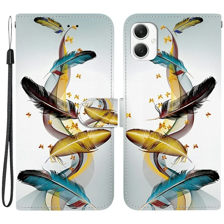 Custodia per Samsung Galaxy A06 con stampa a motivi, antiurto, in pelle, con portafoglio a libro e cordino - Piuma di farfalla dorata