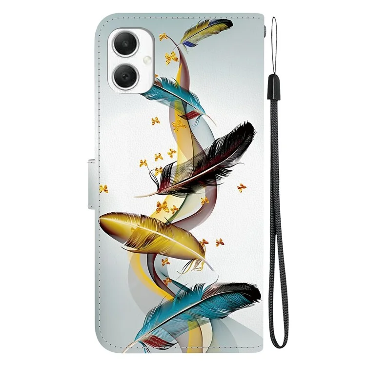 Custodia per Samsung Galaxy A06 con stampa a motivi, antiurto, in pelle, con portafoglio a libro e cordino - Piuma di farfalla dorata