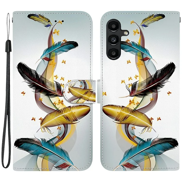 Coque pour Samsung Galaxy A15 5G / 4G, motif d'impression anti-chute, portefeuille en cuir à rabat avec dragonne - Plume de papillon doré