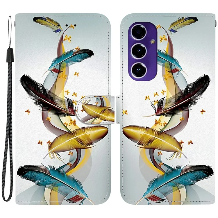 Für Samsung Galaxy A16 5G / 4G Hülle Musterbedruckung Anti-Drop Leder Flip Wallet Handyhülle mit Schlaufe - Goldener Schmetterling Feder