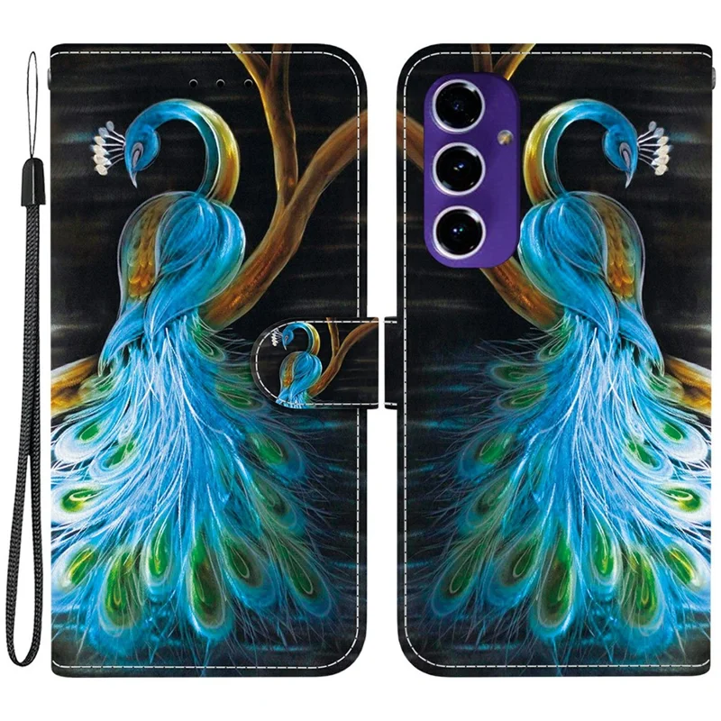 For Samsung Galaxy A16 5G  /  4G Case Pattern Printing Anti-Drop Leather Flip Wallet Phone Cover with Lanyard - Peacock