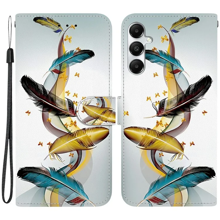 Custodia per Samsung Galaxy A35 5G, stampa a motivi, anti-caduta, flip in pelle, cover per telefono con cordino - Piuma di farfalla dorata