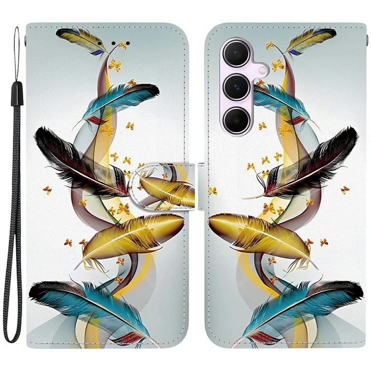Coque pour Samsung Galaxy A55 5G, impression de motif, anti-chute, portefeuille en cuir à rabat, avec lanière - Plumes de papillon doré