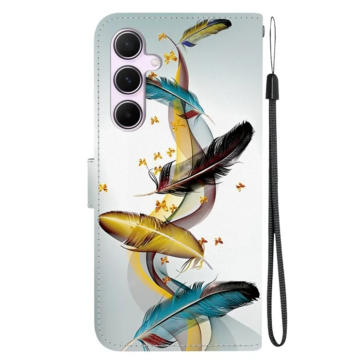 Coque pour Samsung Galaxy A55 5G, impression de motif, anti-chute, portefeuille en cuir à rabat, avec lanière - Plumes de papillon doré
