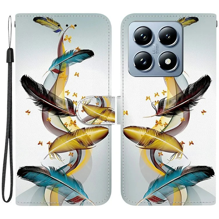 Capa para Xiaomi 14T Pro Impressão de Padrão Anti-Queda Carteira de Couro Flip Capa de Telefone com Cordão - Borboleta Dourada Pena