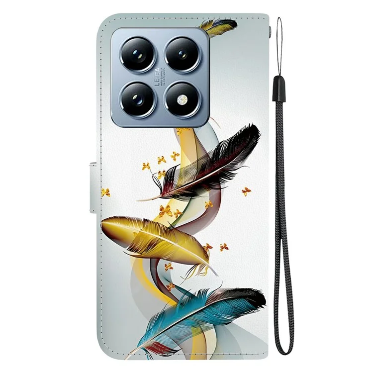 Capa para Xiaomi 14T Pro Impressão de Padrão Anti-Queda Carteira de Couro Flip Capa de Telefone com Cordão - Borboleta Dourada Pena