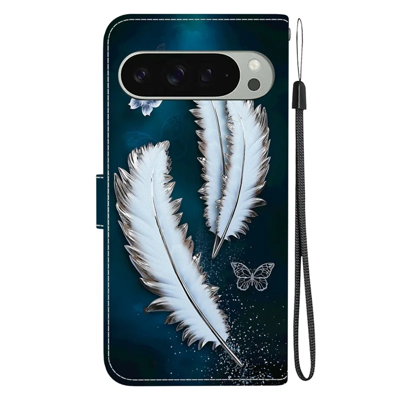For Google Pixel 9 Pro  /  Pixel 9 Case Pattern Printing Anti-Drop Leather Flip Wallet Phone Cover with Lanyard - White Butterfly Feather