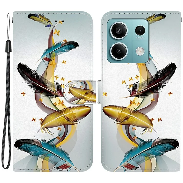 Étui pour Xiaomi Redmi Note 13 5G avec impression de motif, cuir anti-chute, portefeuille à rabat et dragonne - Plume de papillon doré
