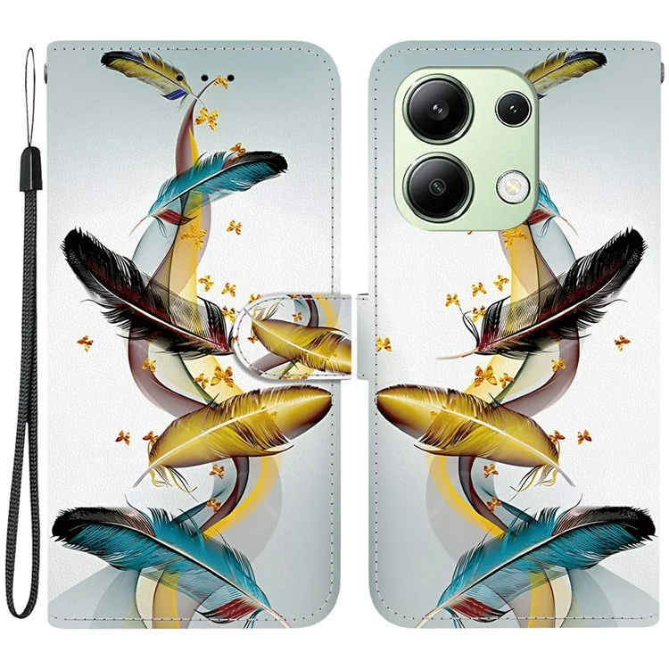 Étui pour Xiaomi Redmi Note 13 4G avec impression de motif, anti-chute, en cuir, portefeuille à rabat, étui de téléphone avec dragonne - Plume de papillon dorée
