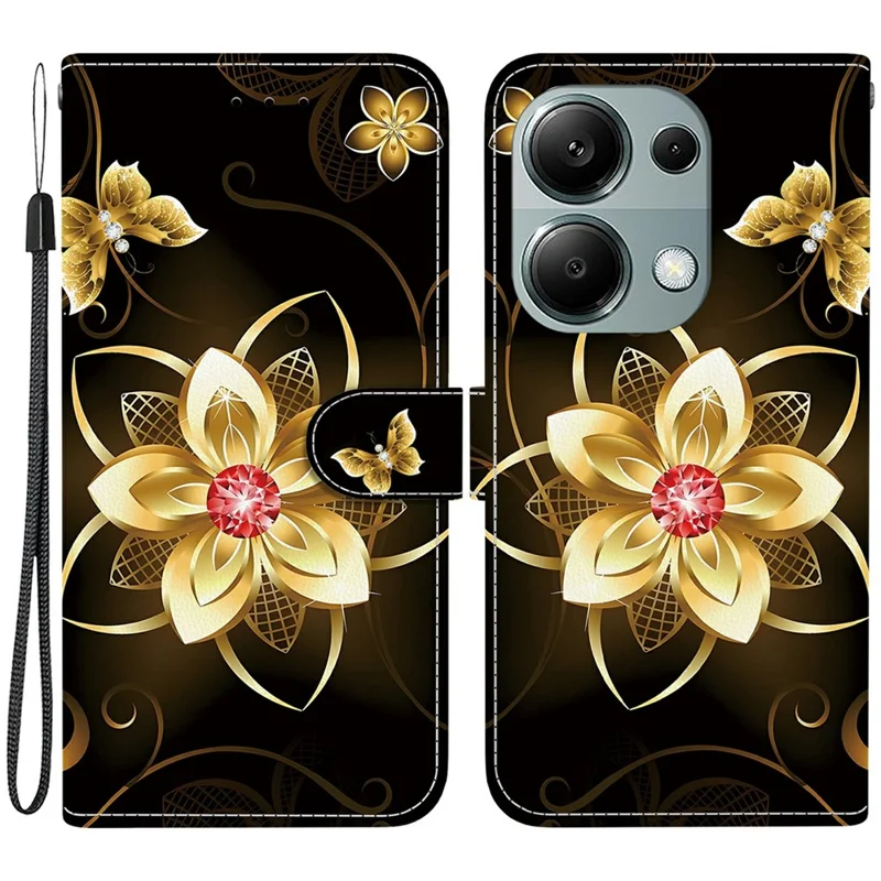 Funda para Xiaomi Redmi Note 13 Pro 4G / Poco M6 Pro 4G con estampado, antiimpactos, de cuero y con cordón - Flor dorada