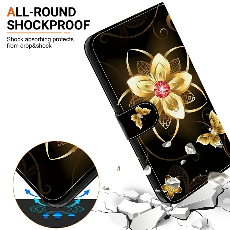 Funda para Xiaomi Redmi Note 13 Pro 4G / Poco M6 Pro 4G con estampado, antiimpactos, de cuero y con cordón - Flor dorada