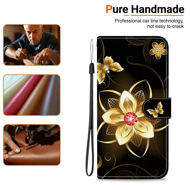 Funda para Xiaomi Redmi Note 13 Pro 4G / Poco M6 Pro 4G con estampado, antiimpactos, de cuero y con cordón - Flor dorada