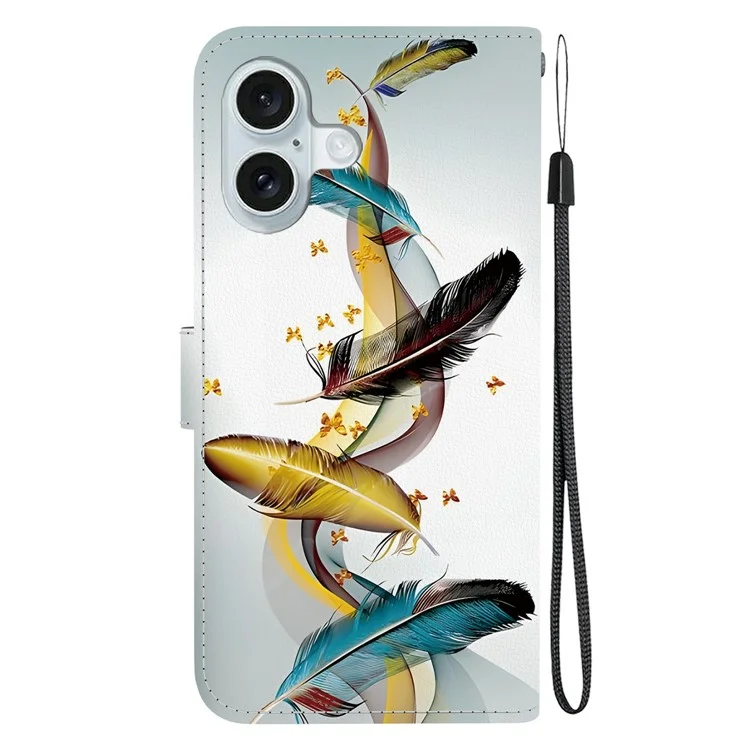 Für iPhone 16 Hülle Musterdruck Anti-Drop Leder Flip Brieftasche Handyhülle mit Schlüsselband - Goldener Schmetterling Feder