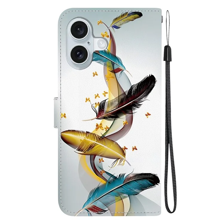 Hülle für iPhone 16 Plus mit Musteraufdruck, Leder, Anti-Drop, Flip-Wallet-Handyhülle mit Lanyard - Goldener Schmetterling Feder