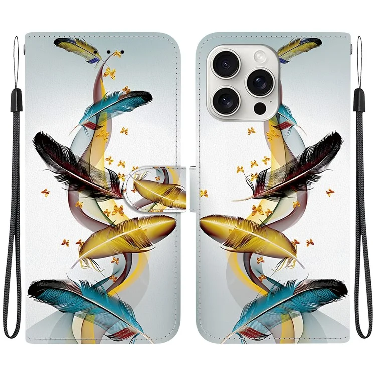 Für iPhone 16 Pro Hülle mit Musteraufdruck, stoßfest, Leder-Flip-Geldbörsen-Handyhülle mit Schlüsselband - Goldener Schmetterlings-Federmuster