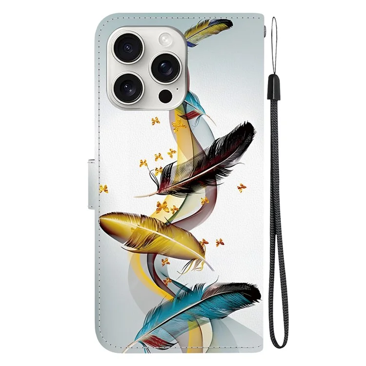 Für iPhone 16 Pro Max Hülle Musterdruck Anti-Drop Leder Flip Brieftasche Handyhülle mit Lanyard - Goldener Schmetterlingsfeder