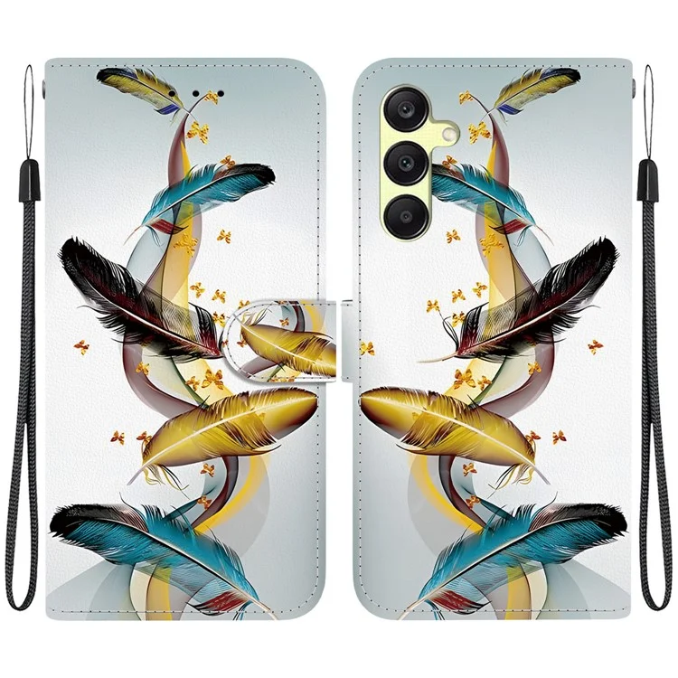 Coque en cuir avec motif d'impression pour Samsung Galaxy A25 5G (Global) (161,0 x 76,5 x 8,3 mm) avec dragonne - Plume de papillon dorée