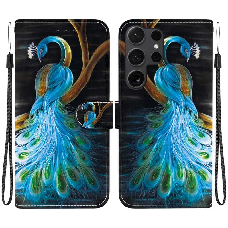 For Samsung Galaxy S25 Ultra Case Pattern Printing Anti-Drop Leather Flip Wallet Phone Cover with Lanyard - Peacock