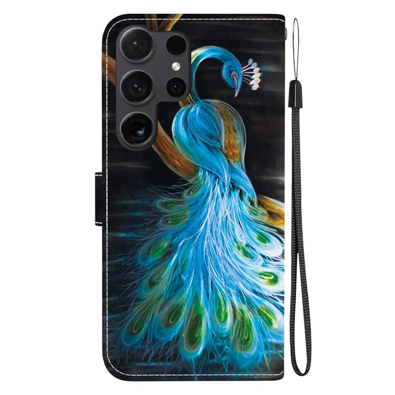 For Samsung Galaxy S25 Ultra Case Pattern Printing Anti-Drop Leather Flip Wallet Phone Cover with Lanyard - Peacock