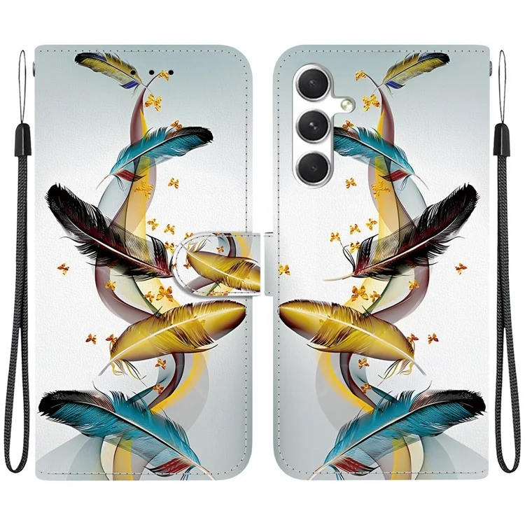 Für Samsung Galaxy S25+ Hülle Musterdruck Anti-Drop Leder Flip Wallet Phone Cover mit Schlüsselband - Goldener Schmetterlingsfedern