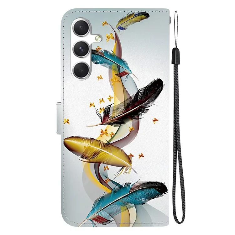 Für Samsung Galaxy S25+ Hülle Musterdruck Anti-Drop Leder Flip Wallet Phone Cover mit Schlüsselband - Goldener Schmetterlingsfedern
