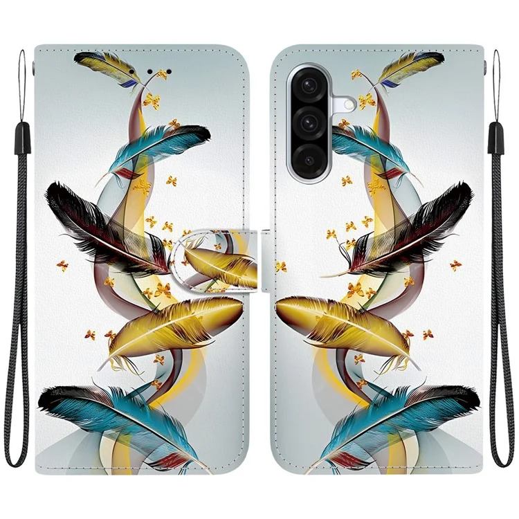 Für Samsung Galaxy A56 5G / A36 5G Hülle Musterdrucken Anti-Drop Leder Flip Brieftasche Handyhülle mit Schlüsselband - Goldener Schmetterling Feder