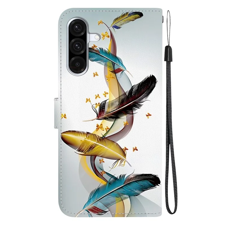 Für Samsung Galaxy A56 5G / A36 5G Hülle Musterdrucken Anti-Drop Leder Flip Brieftasche Handyhülle mit Schlüsselband - Goldener Schmetterling Feder