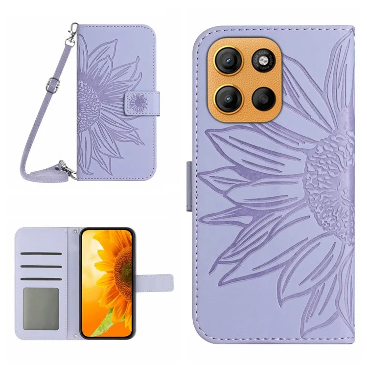 Capa para Motorola Moto G15 4G com estampa de girassol em couro PU com alça longa - Roxo claro