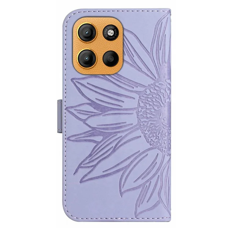 Capa para Motorola Moto G15 4G com estampa de girassol em couro PU com alça longa - Roxo claro