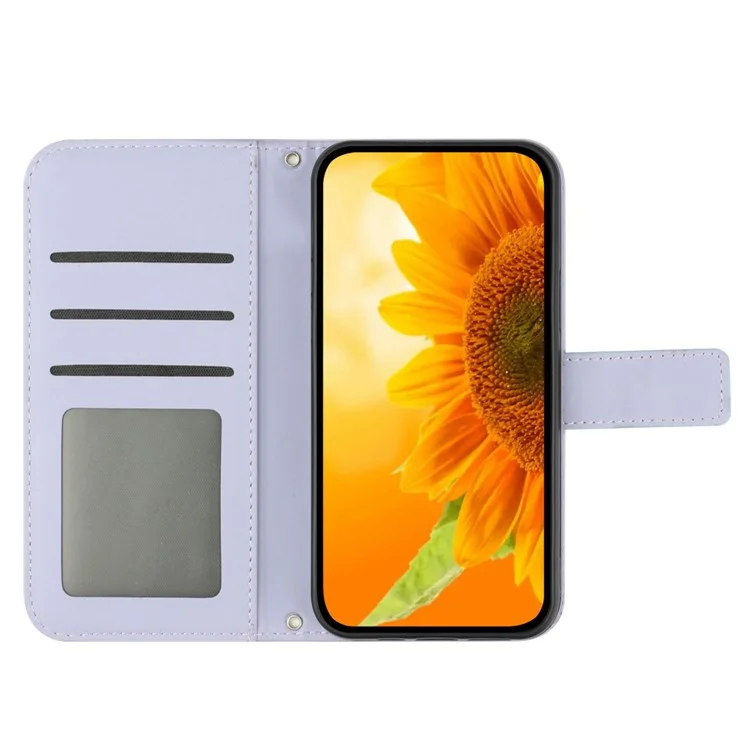 Capa para Motorola Moto G15 4G com estampa de girassol em couro PU com alça longa - Roxo claro