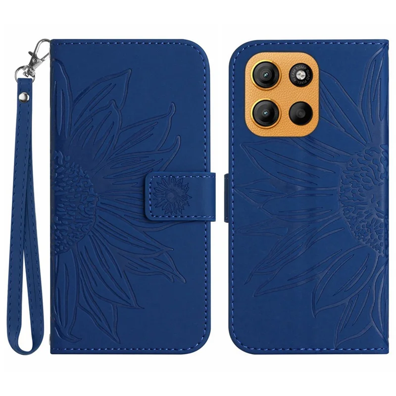 Custodia in pelle con stampa a girasole e tracolla per Motorola Moto G15 4G - Zaffiro